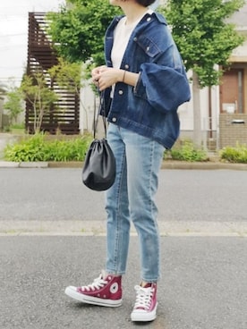 「ZOZO（ゾゾ）のスリムテーパードデニムパンツ［WOMEN］（デニムパンツ）」を使った、RIyO.さん（レディース・157cm）の夏コーディネート