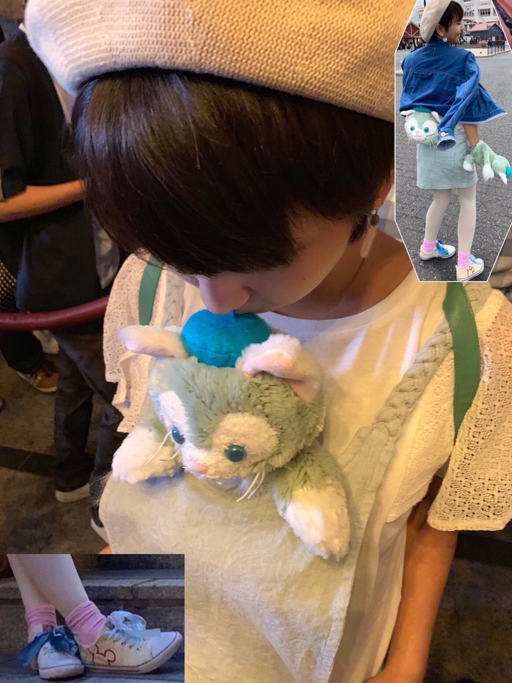 「ディズニーシー、ジェラトーニ、ジェラトーニコーデ、ディズニーコーデ、春夏コーデ、ディズニー、ピンク靴下、白タイツ、ミッキースニーカー、リリーブラウン」｜「Disneyのアイテム（おもちゃ、グリーン系）」を使った、MiIさん（レディース・152cm）の夏コーディネートの1枚目の写真