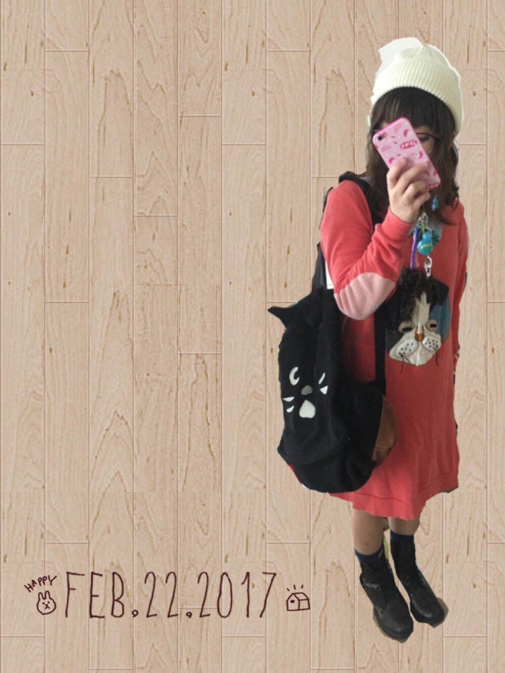 「earth music&ecologyのリブニットワッチ（ニットキャップ/ビーニー、ホワイト系）」を使った、こんさん（レディース・149cm）の冬コーディネートの1枚目の写真