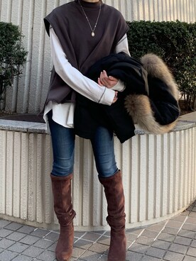 「TATRAS（タトラス）のアイテム（ダウンジャケット/コート、ブラック系）」を使った、sakiさん（レディース・158cm）の春コーディネート