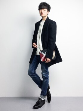 「BLACK LABEL CRESTBRIDGE（ブラックレーベル・クレストブリッジ）のアイテム（バッグ）」を使った、武井一輝さん（メンズ・173cm）の冬コーディネート