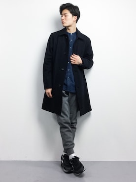 「ノーカラーシャツ」｜「アイテム（ステンカラーコート）」を使った、武井一輝さん（メンズ・173cm）の冬コーディネート