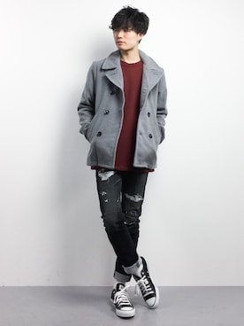 「WEGO（ウィゴー）のアイテム（ピーコート）」を使った、武井一輝さん（メンズ・173cm）の冬コーディネート