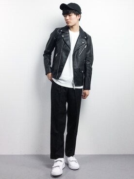 「L.H.P（エルエイチピー）のアイテム（ライダースジャケット）」を使った、武井一輝さん（メンズ・173cm）の冬コーディネート