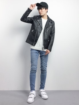 「L.H.P（エルエイチピー）のアイテム（ライダースジャケット）」を使った、武井一輝さん（メンズ・173cm）の冬コーディネート