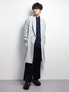 「HARE（ハレ）のアイテム（チェスターコート）」を使った、武井一輝さん（メンズ・173cm）の冬コーディネート
