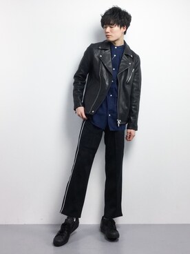 「HARE（ハレ）のアイテム（ライダースジャケット）」を使った、武井一輝さん（メンズ・173cm）の冬コーディネート