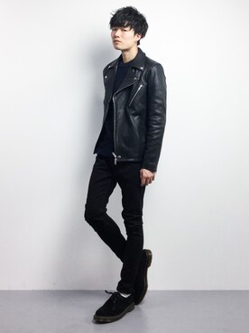 「HARE（ハレ）のアイテム（ライダースジャケット）」を使った、武井一輝さん（メンズ・173cm）の冬コーディネート