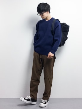 「JUNRED（ジュンレッド）の【ゆったり暖かい】ウォームクロスワイドテーパードパンツ（その他パンツ）」を使った、武井一輝さん（メンズ・173cm）の冬コーディネート