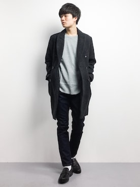 「ZIP FIVE（ジップファイブ）のアイテム（チェスターコート）」を使った、武井一輝さん（メンズ・173cm）の春コーディネート