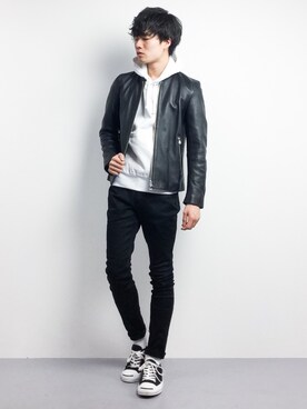 「STUDIOUS（ステュディオス）のアイテム（ライダースジャケット）」を使った、武井一輝さん（メンズ・173cm）の春コーディネート