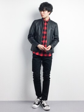 「STUDIOUS（ステュディオス）のアイテム（ライダースジャケット）」を使った、武井一輝さん（メンズ・173cm）の春コーディネート