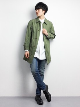 「ノーカラーシャツ」｜「アイテム（ステンカラーコート）」を使った、武井一輝さん（メンズ・173cm）の春コーディネート