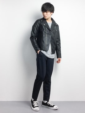 「WEGO（ウィゴー）のアイテム（ライダースジャケット）」を使った、武井一輝さん（メンズ・173cm）の春コーディネート