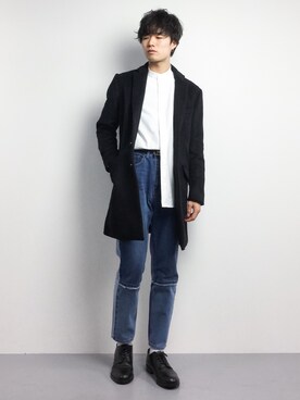 「STUDIOUS（ステュディオス）のアイテム（チェスターコート）」を使った、武井一輝さん（メンズ・173cm）の春コーディネート