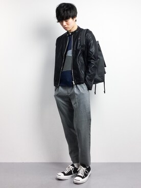 「SPINNS（スピンズ）のアイテム（ライダースジャケット）」を使った、武井一輝さん（メンズ・173cm）の春コーディネート