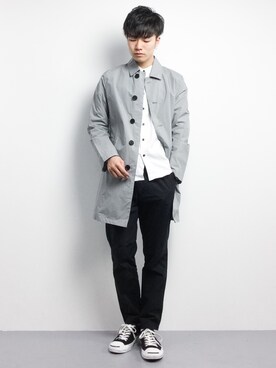「ノーカラーシャツ」｜「アイテム（ステンカラーコート）」を使った、武井一輝さん（メンズ・173cm）の春コーディネート