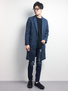 「HARE（ハレ）のアイテム（チェスターコート）」を使った、武井一輝さん（メンズ・173cm）の春コーディネート