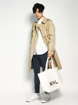 「ノーカラーシャツ」｜「アイテム（トレンチコート）」を使った、武井一輝さん（メンズ・173cm）の秋コーディネート