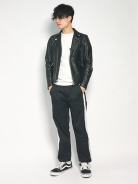 「STUDIOUS（ステュディオス）のアイテム（ライダースジャケット）」を使った、武井一輝さん（メンズ・173cm）の秋コーディネート
