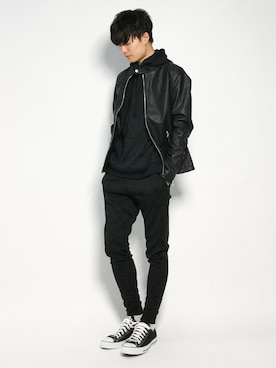 「jiggys shop（ジギーズショップ）のアイテム（ライダースジャケット）」を使った、武井一輝さん（メンズ・173cm）の秋コーディネート
