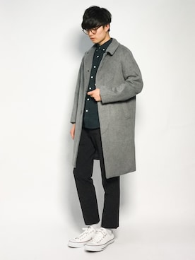 「緑」｜「アイテム（ステンカラーコート）」を使った、武井一輝さん（メンズ・173cm）の秋コーディネート