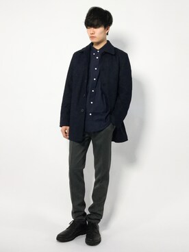 「THE CASUAL（カジュアル）のアイテム（ステンカラーコート）」を使った、武井一輝さん（メンズ・173cm）の秋コーディネート