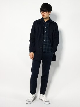 「THE CASUAL（カジュアル）のアイテム（ステンカラーコート）」を使った、武井一輝さん（メンズ・173cm）の秋コーディネート