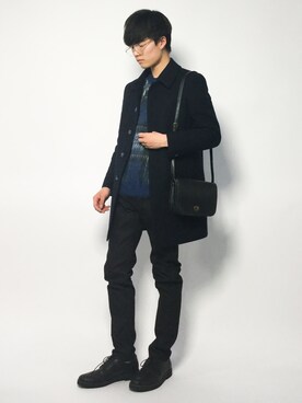 「総柄トップス」｜「アイテム（ステンカラーコート）」を使った、武井一輝さん（メンズ・173cm）の秋コーディネート