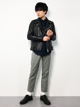 「L.H.P（エルエイチピー）のアイテム（ライダースジャケット）」を使った、武井一輝さん（メンズ・173cm）の秋コーディネート