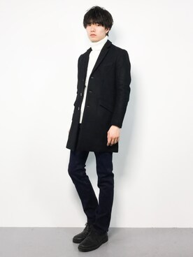 「STUDIOUS（ステュディオス）のアイテム（チェスターコート）」を使った、武井一輝さん（メンズ・173cm）の冬コーディネート