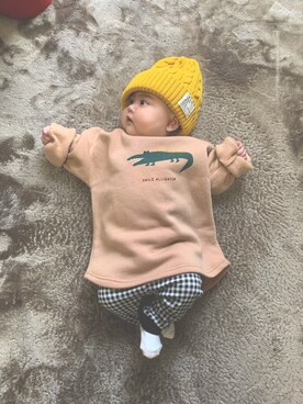 「おさんぽスタイル」｜「アイテム（ニットキャップ/ビーニー）」を使った、つむつむさん（キッズ・70cm）の春コーディネート