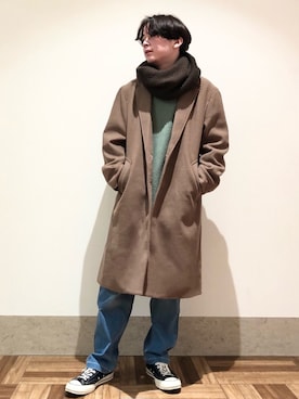 「JUNRED（ジュンレッド）のアイテム（チェスターコート）」を使った、EIJIさん（メンズ・173cm）の冬コーディネート
