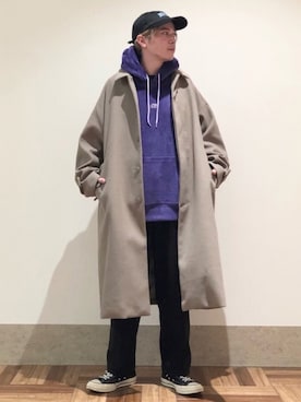 「ファー」｜「アイテム（ステンカラーコート）」を使った、EIJIさん（メンズ・173cm）の冬コーディネート