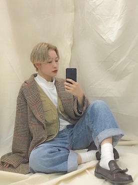 「UNIQLO（ユニクロ）のハイライズワイドストレートジーンズ（デニムパンツ）」を使った、mahoさん（レディース・159cm）の春コーディネート