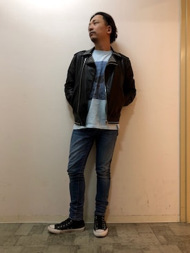 「オールスター」｜「アイテム（ライダースジャケット）」を使った、チャムさん（メンズ・168cm）の春コーディネート