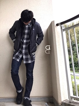 「ロールアップ」｜「アイテム（スタジャン）」を使った、うめGRさん（メンズ・169cm）の秋コーディネート
