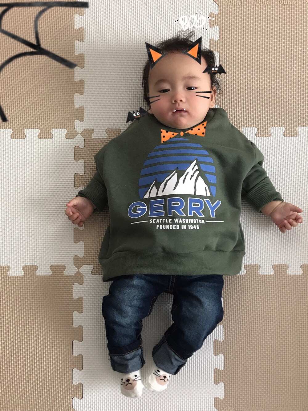 「ベビー」｜「Birthdayのアイテム（その他ベビー用品、グリーン系）」を使った、いっちところさん（レディース・161cm）の秋コーディネートの1枚目の写真