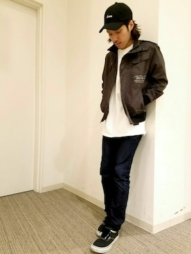 「AVIREX（アヴィレックス）のアイテム（キャップ）」を使った、mr.sakuraiさん（メンズ・169cm）の冬コーディネート