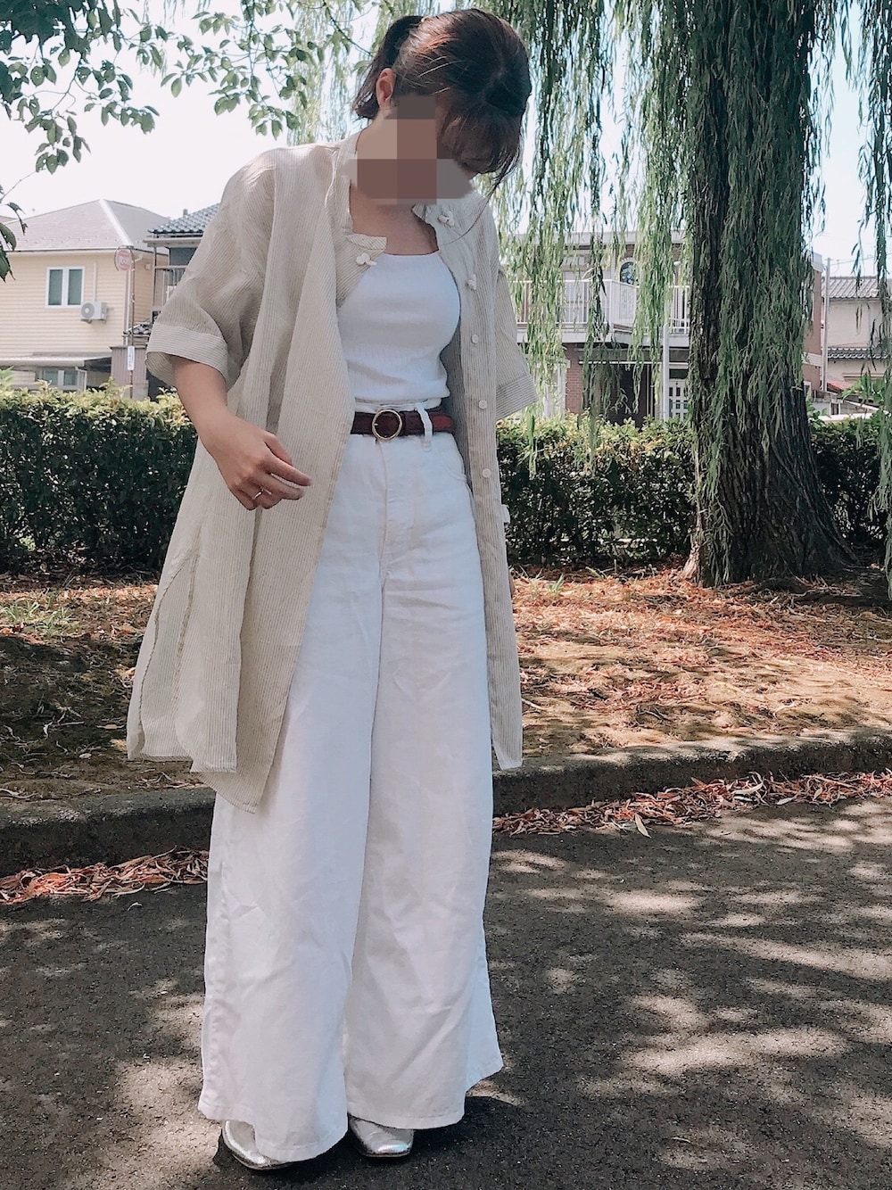 「チャイナシャツ、低身長、夏コーデ」｜「KBFのシアーストライプチャイナシャツ（シャツ/ブラウス、ベージュ系）」を使った、しもさん（レディース・145cm）の秋コーディネートの1枚目の写真