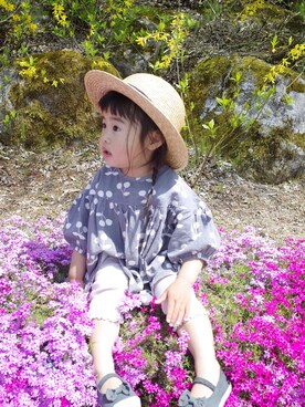 「韓国子供服のアイテム（チュニック、グレー系）」を使った、rikomakoさん（キッズ・90cm）の夏コーディネート