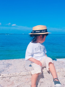 「petit main（プティマイン）のアイテム（Tシャツ/カットソー、ホワイト系）」を使った、rikomakoさん（キッズ・90cm）の夏コーディネート