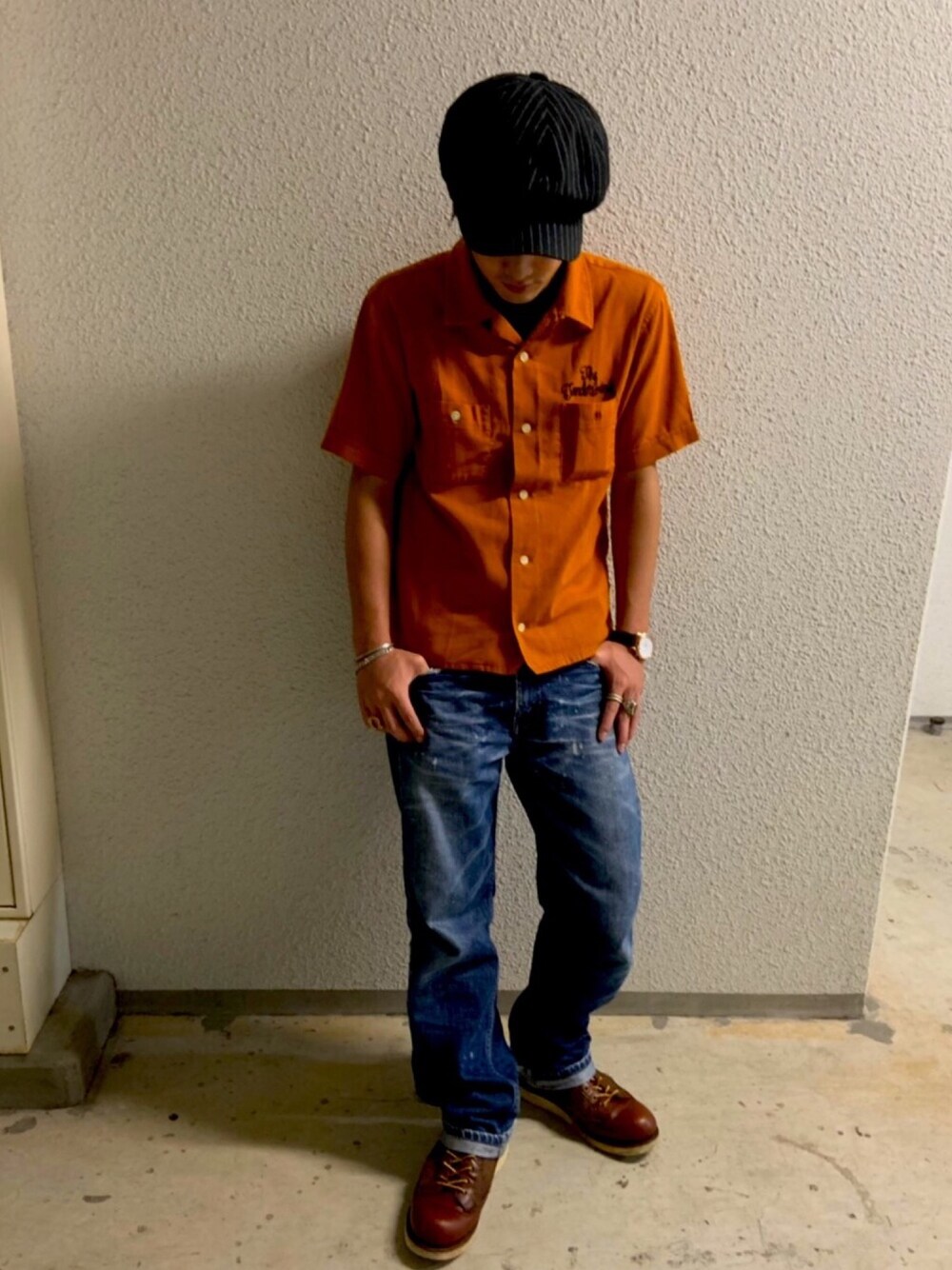 「アメカジ、キャスケット、デニム、ワークブーツ、rudo、TENDERLOIN、Levi's、levi's519、リーバイス519、green label relaxing」｜「ANCHORのQUARTER GALLERY / リネンピンストライプ2WAYキャスケット（キャスケット、ブラック系）」を使った、Tさん（メンズ・165cm）の秋コーディネートの1枚目の写真