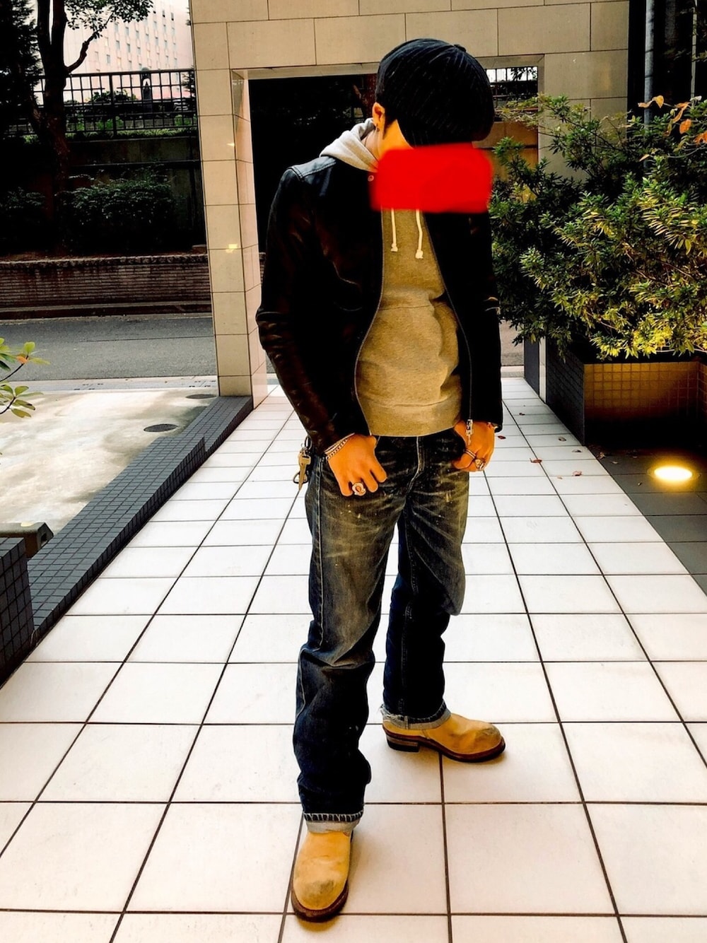 「アメカジ、rudo、ルード、ライダース、Levi's、levi's519、TENDERLOIN、RED WING、エンジニアブーツ」｜「ANCHORのQUARTER GALLERY / リネンピンストライプ2WAYキャスケット（キャスケット、ブラック系）」を使った、Tさん（メンズ・165cm）の冬コーディネートの1枚目の写真