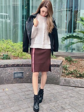 「ケーブルニット」｜「アイテム（ライダースジャケット）」を使った、SPIGA OFFICIALさん（レディース・160cm）の秋コーディネート