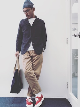 「45R（フォーティファイブアール）のアイテム（チノパンツ）」を使った、Brianさん（メンズ・178cm）の冬コーディネート