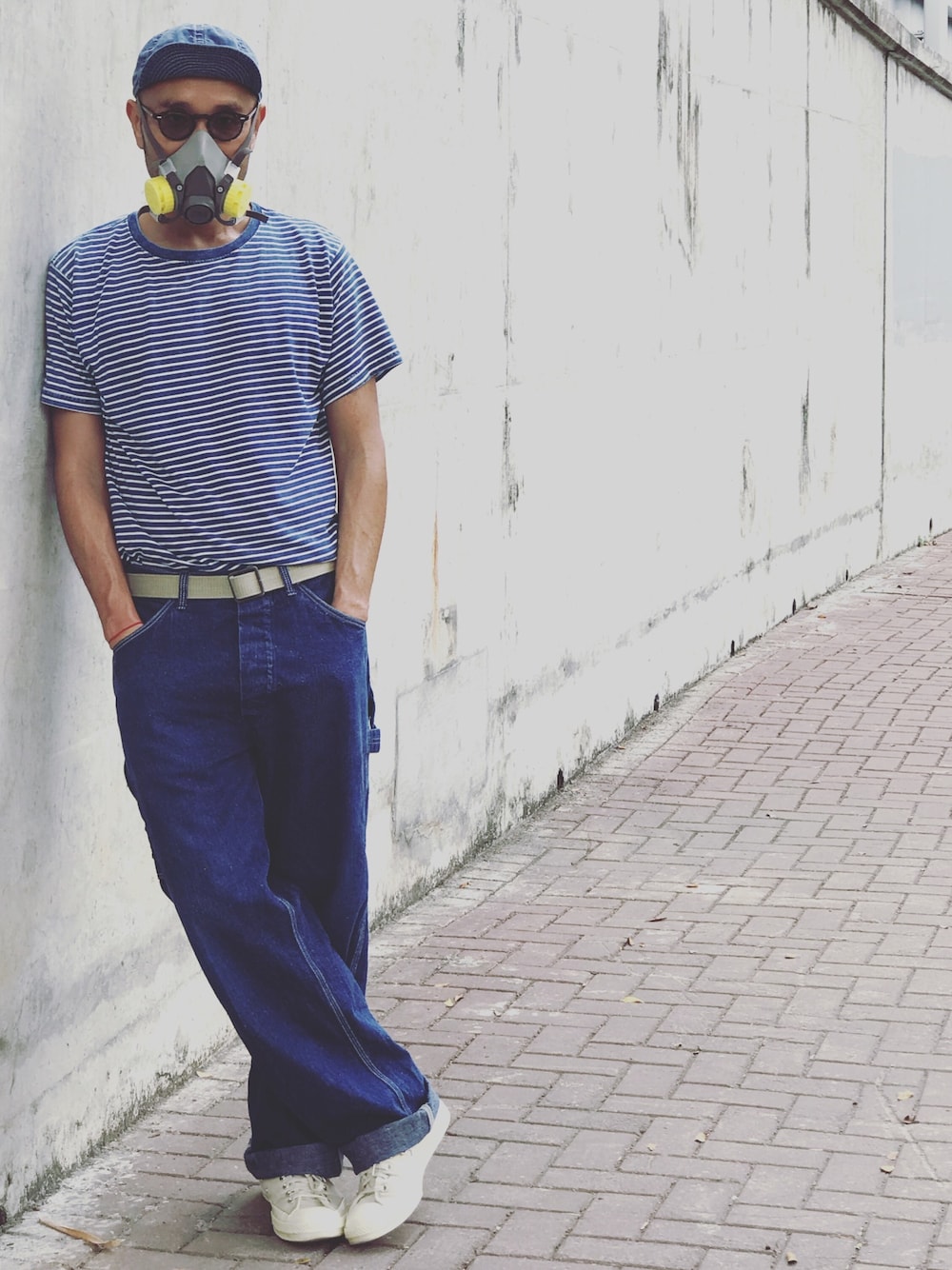 「夏、今日の服、足元くら部、MASK、武漢肺炎、3M、good on、converse、orslow、tcb jeans」｜「TCB jeansのアイテム（キャップ、ブルー系）」を使った、Brianさん（メンズ・178cm）の春コーディネートの1枚目の写真