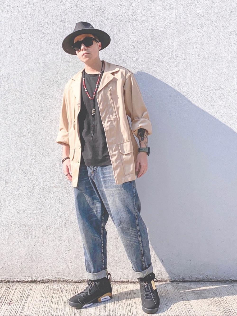 「ootd、Jordan、airjordan6、madness、denim、Rooster King、街頭穿搭、自拍豪、紳士帽、牛仔褲」｜「TOM FORDのトムフォード MORGAN FT0513-01W-53（メガネ、ブラック系）」を使った、自拍豪 Calixさん（メンズ・172cm）の春コーディネートの1枚目の写真