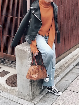 「MILKFED.」｜「アイテム（ライダースジャケット）」を使った、SARAさん（レディース・165cm）の冬コーディネート