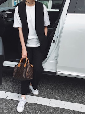 「adidas Originals（アディダスオリジナルス）のadidas スタンスミス [Stan Smith Shoes] アディダスオリジナルス b24105（スニーカー、ブラック系）」を使った、SARAさん（レディース・165cm）の夏コーディネート